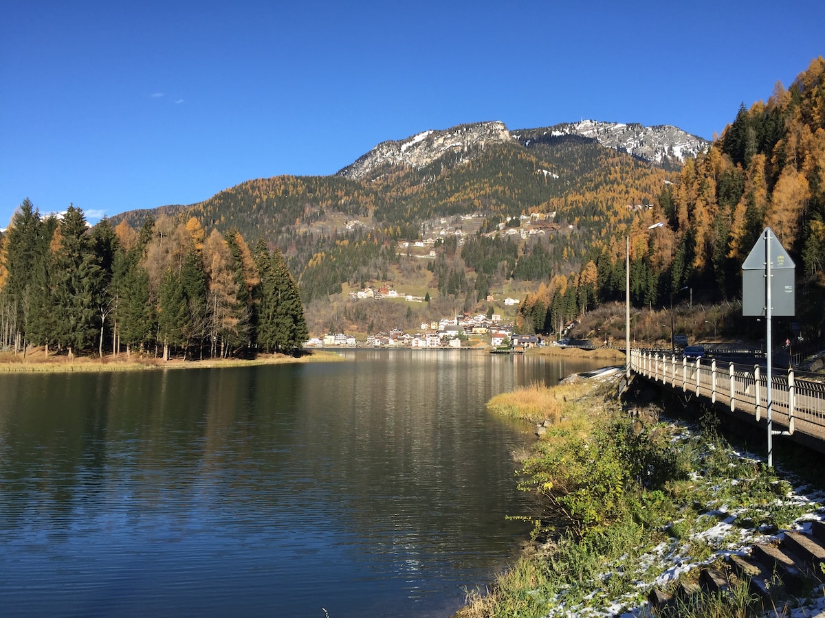 A serene lake scene is captured, flanked by tall trees and distant mountains displaying autumn foliage. The clear blue sky reflects on the calm water, while a winding road and fence outline the area. A small village is visible in the background.