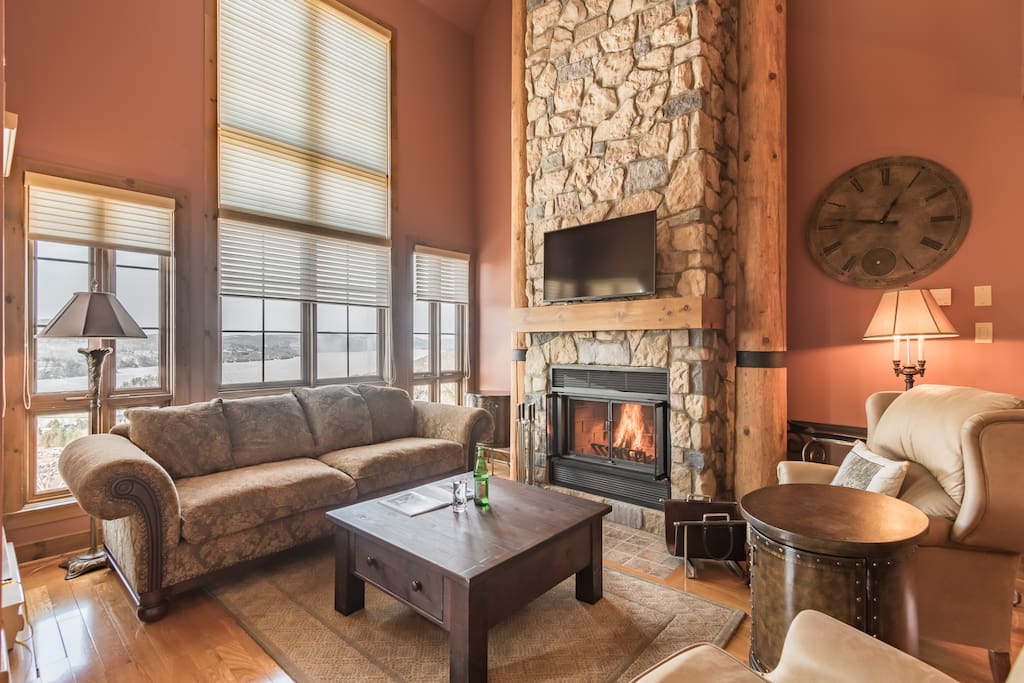 Warm fireplace after a day of skiing.
