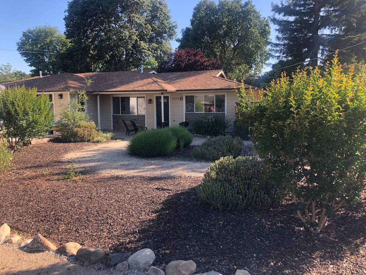 The front yard features a mix of landscaped greenery, gravel pathways, and flowering shrubs. A cozy seating area with chairs is visible near the entrance of the house, surrounded by trees providing shade. The exterior of the home is light-colored with large windows.