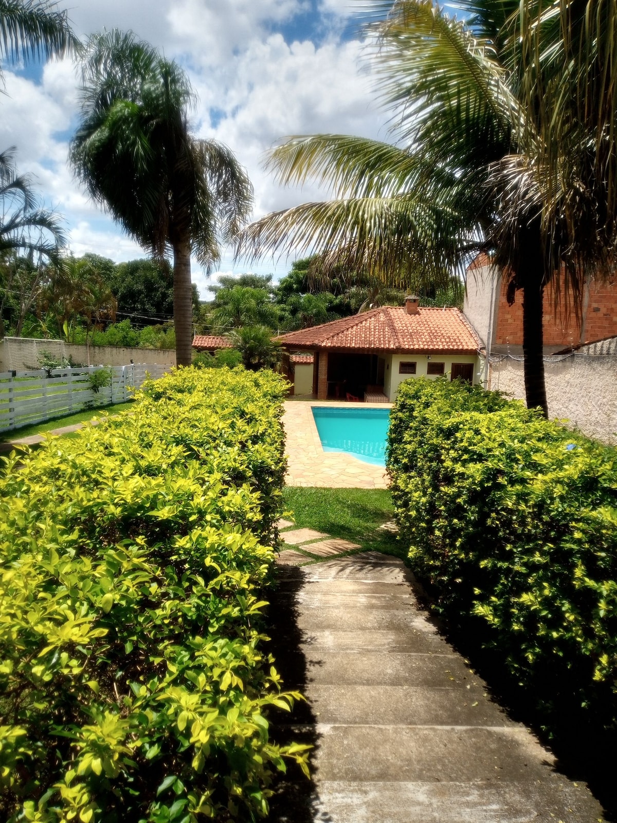 A stone pathway lined with lush greenery leads to a swimming pool framed by palm trees. In the background, a charming house with a red-tiled roof is partially visible, inviting relaxation in a serene outdoor setting.