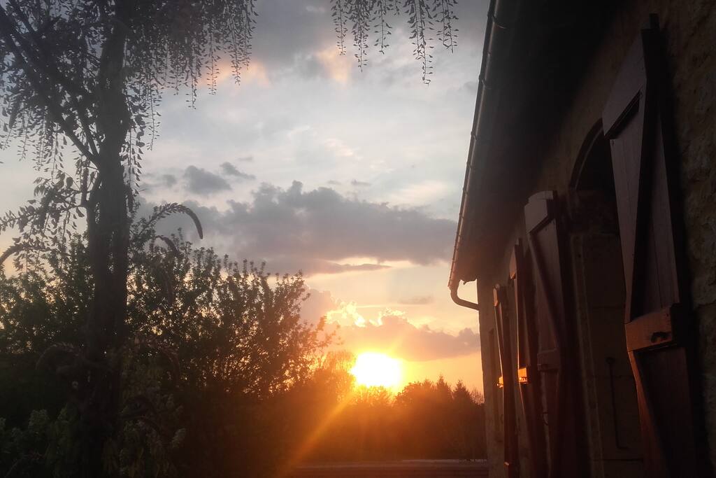 Maison extérieur / coucher de soleil sous la glycine