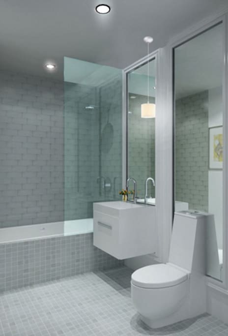 Beautiful, clean bathroom with shower/tub.