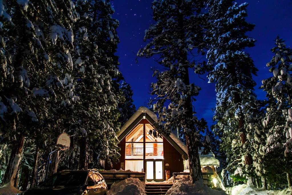 Cabin at night.