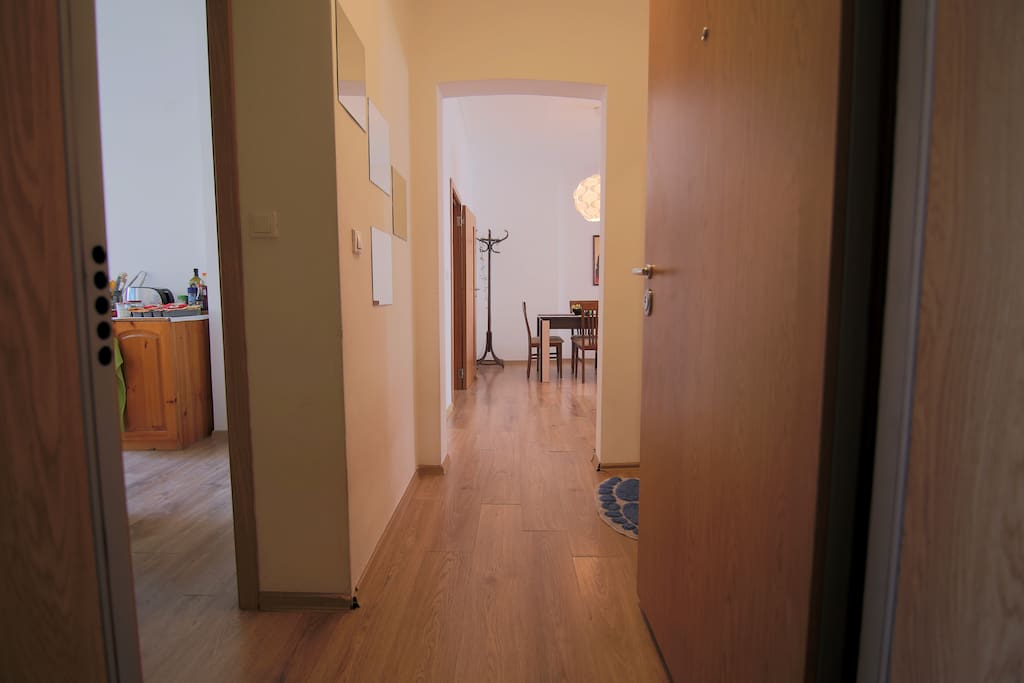 The main entrance of the flat with a corridor who leads to the bathroom with toilet, second toilet, kitchen and living room