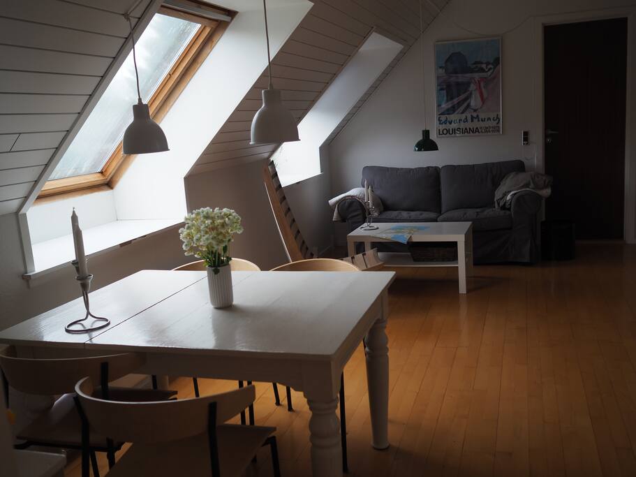 Fælles opholdsrum med sofa, tv og brochurebar. (Deles med evt. anden gæst)