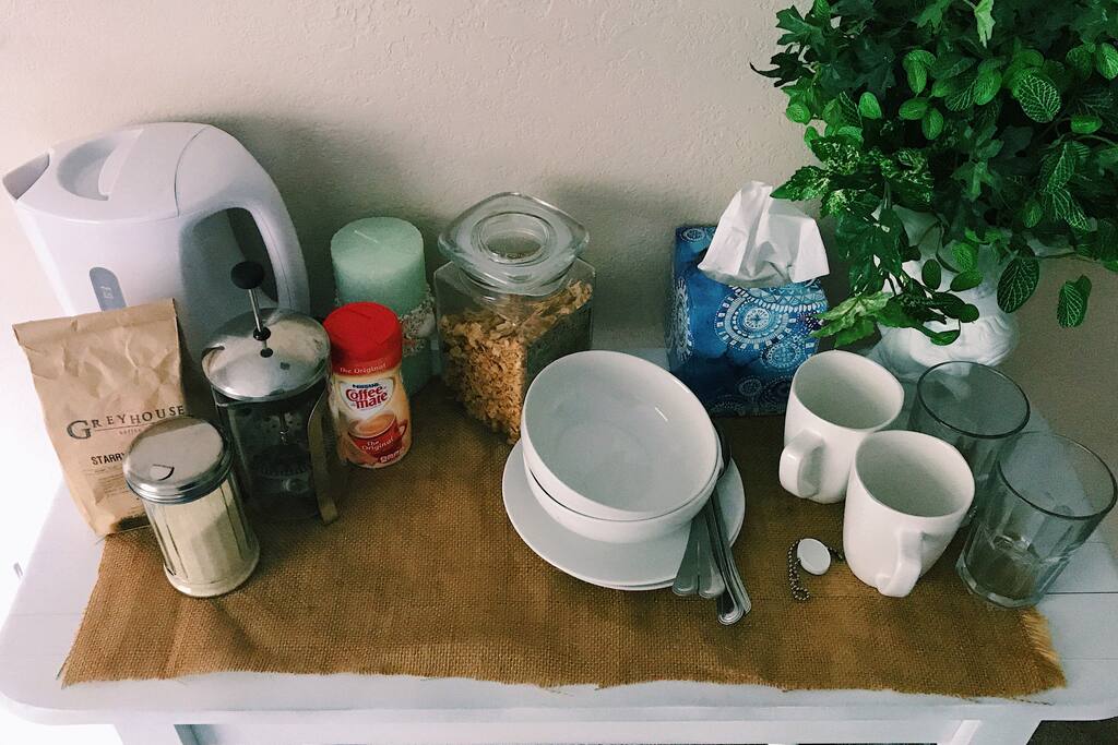 Your room comes with gourmet blend French press coffee that I personally grind, granola and snacks etc.