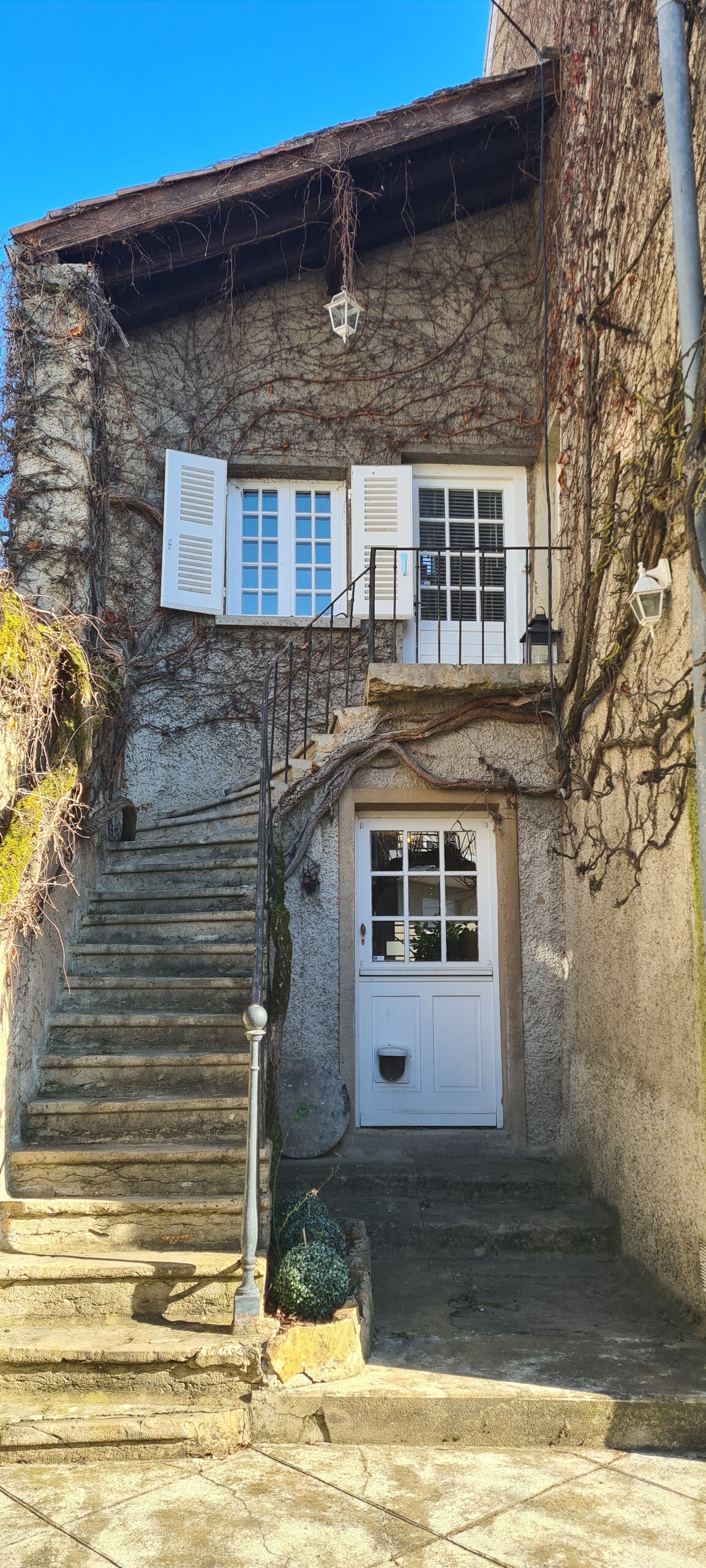 The exterior showcases a charming entrance with a white door framed by climbing vines. A stone staircase leads to the main entrance, flanked by soft lighting fixtures. Bright sunlight illuminates the warm stone facade, while windows with wooden shutters add character.
