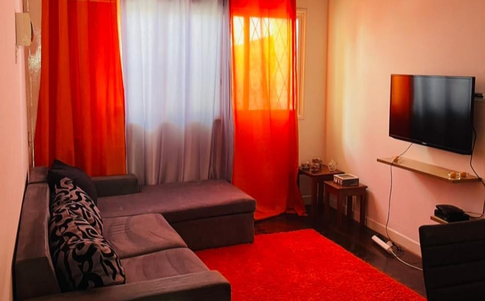 A living area features a gray sectional sofa adorned with decorative pillows. Colorful sheer curtains in warm tones filter natural light, creating a cozy atmosphere. A flat-screen TV is mounted on the wall above a small wooden shelf, and a vibrant red rug covers the flooring.