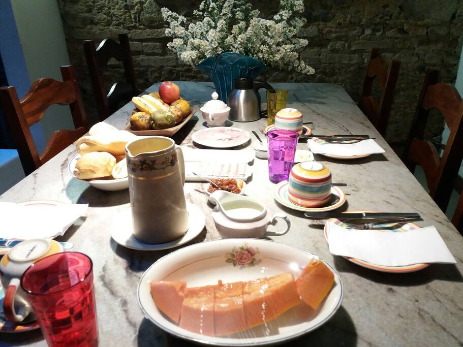 Breakfast with juice and tropical fruits