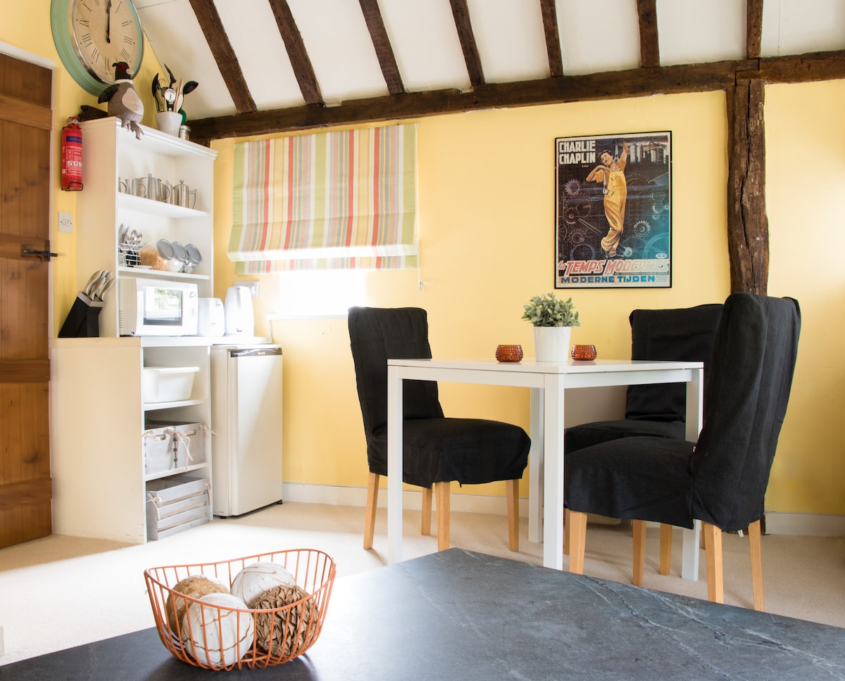 A bright lounge area features a white table surrounded by two dark chairs. A plant is placed at the center of the table. A kitchenette is visible in the background, equipped with a microwave and storage. Natural light filters through a striped window treatment.