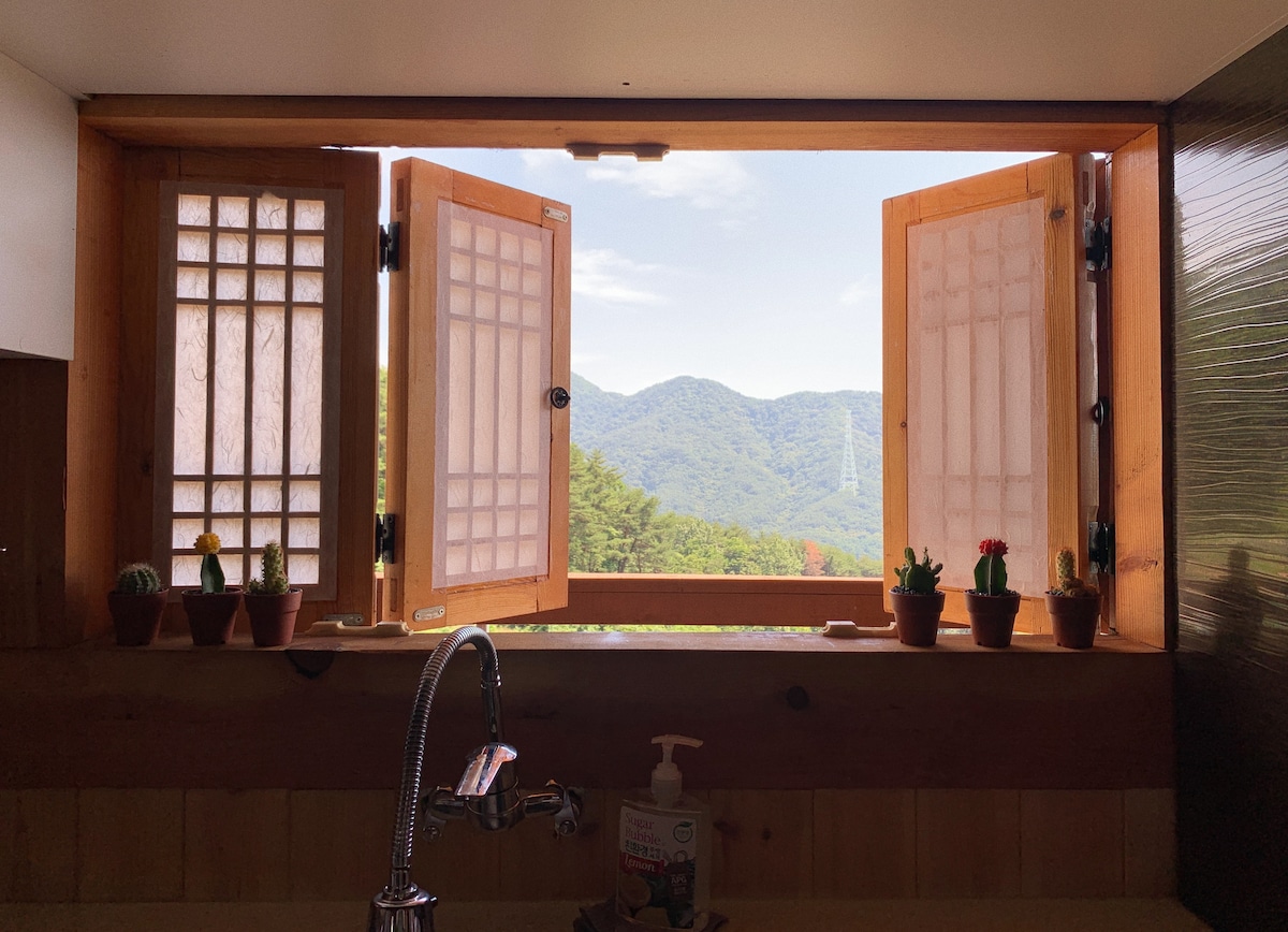 The kitchen window opens to a scenic view of surrounding mountains. Potted plants line the ledge, adding a touch of greenery. Sunlight streams in, creating a bright and airy atmosphere inside the space.