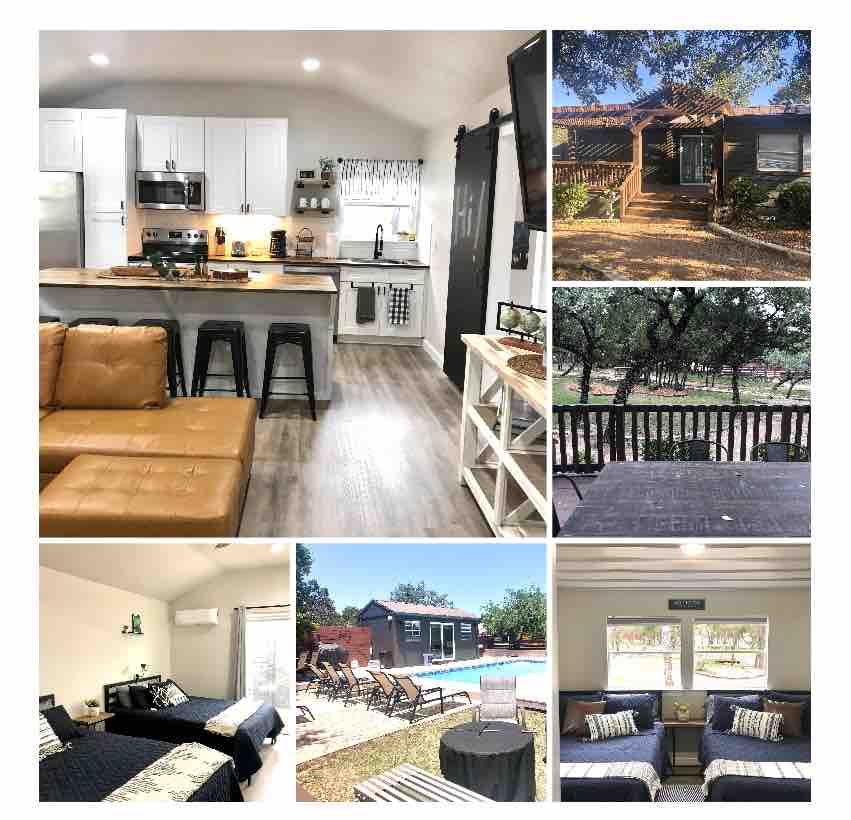A spacious kitchen area features modern appliances and seating at a peninsula. A cozy living room includes a leather sofa and decorative accents. A view of the exterior highlights the cabin's entrance surrounded by trees. The shared pool area is visible with lounge chairs.