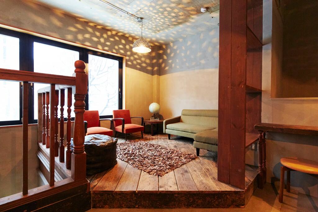 COMMON ROOM on 2nd Floor. There is common kitchen, flidge, local info shelf, and cozy sofa!
