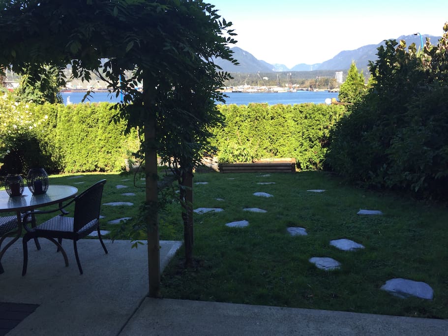 Private patio with mountains and ocean backdrop