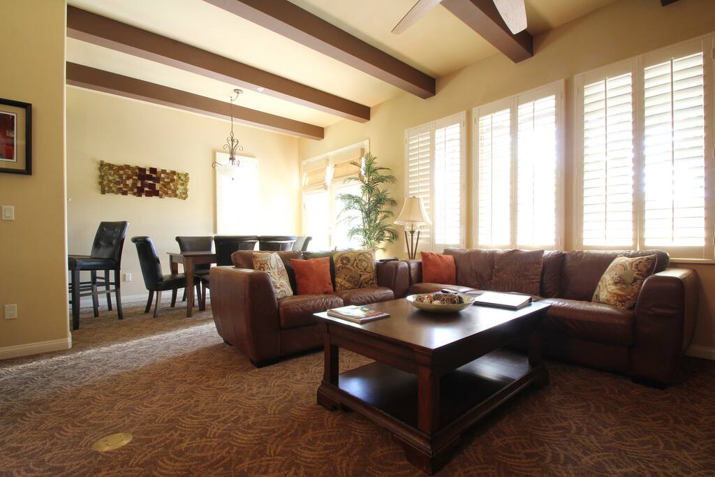 Gathering-friendly living room and dining area.
