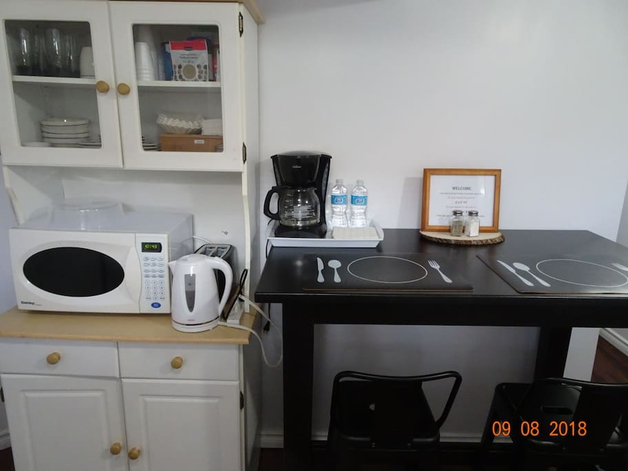 microwave, coffeemaker and kettle for your use and anything inside the cabinet (dishes, toaster, etc)