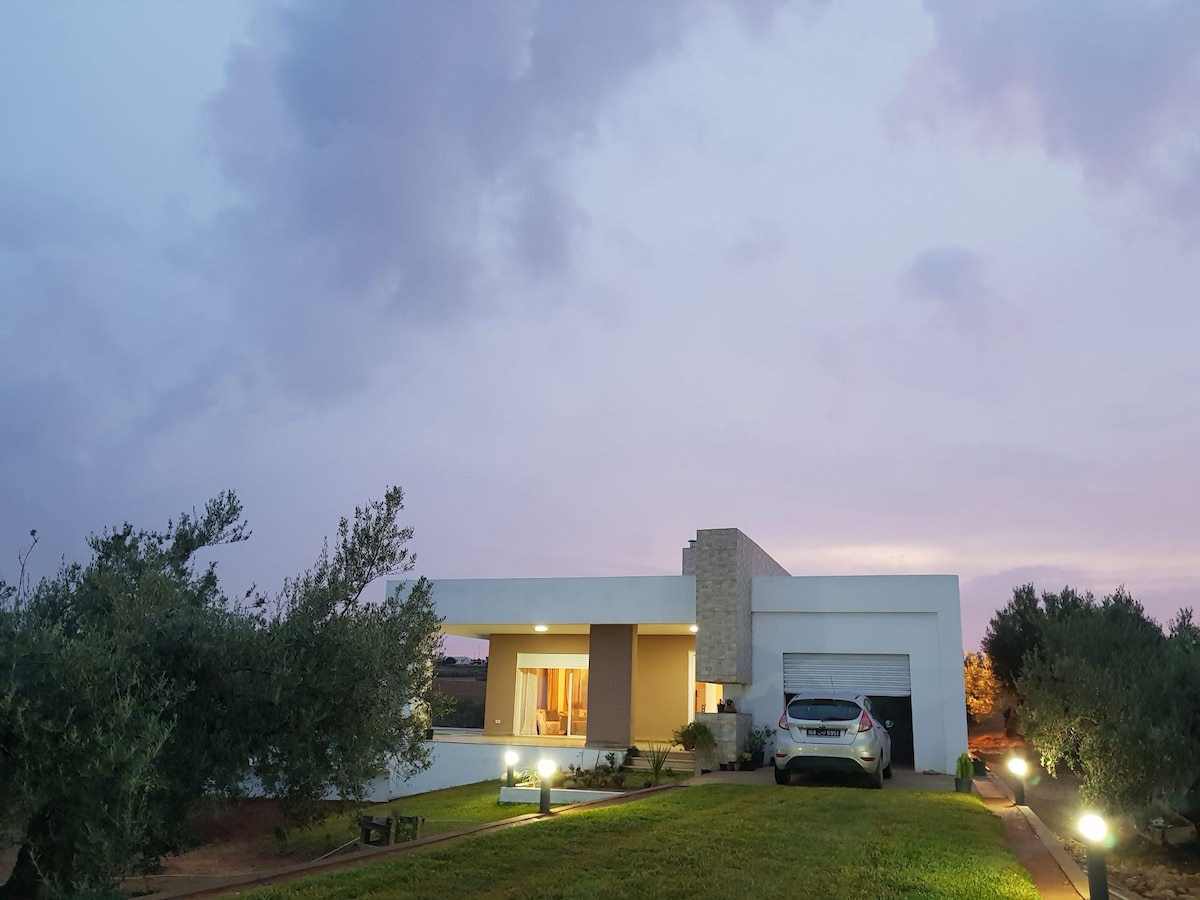 A modern villa is illuminated during twilight, showcasing clean lines and a spacious layout. Olive trees are visible in the foreground, with a car parked in the garage. The overall ambiance reflects a calm and serene environment, with soft colors painting the evening sky.