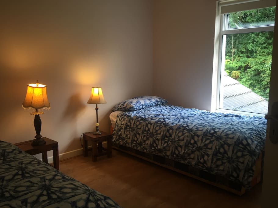 Large quiet bedroom with 2 single beds with built in wardrobe, overlooking back garden and trees