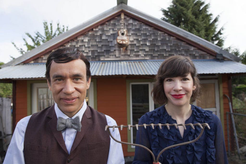 This is Carrie Brownstein and Fred Armisen of Portlandia in front of my Ceramics Studio! Check out the Season 4 clip of Rent-It-Out featuring this house! So fun to have them here! Photo courtesy of IFC.