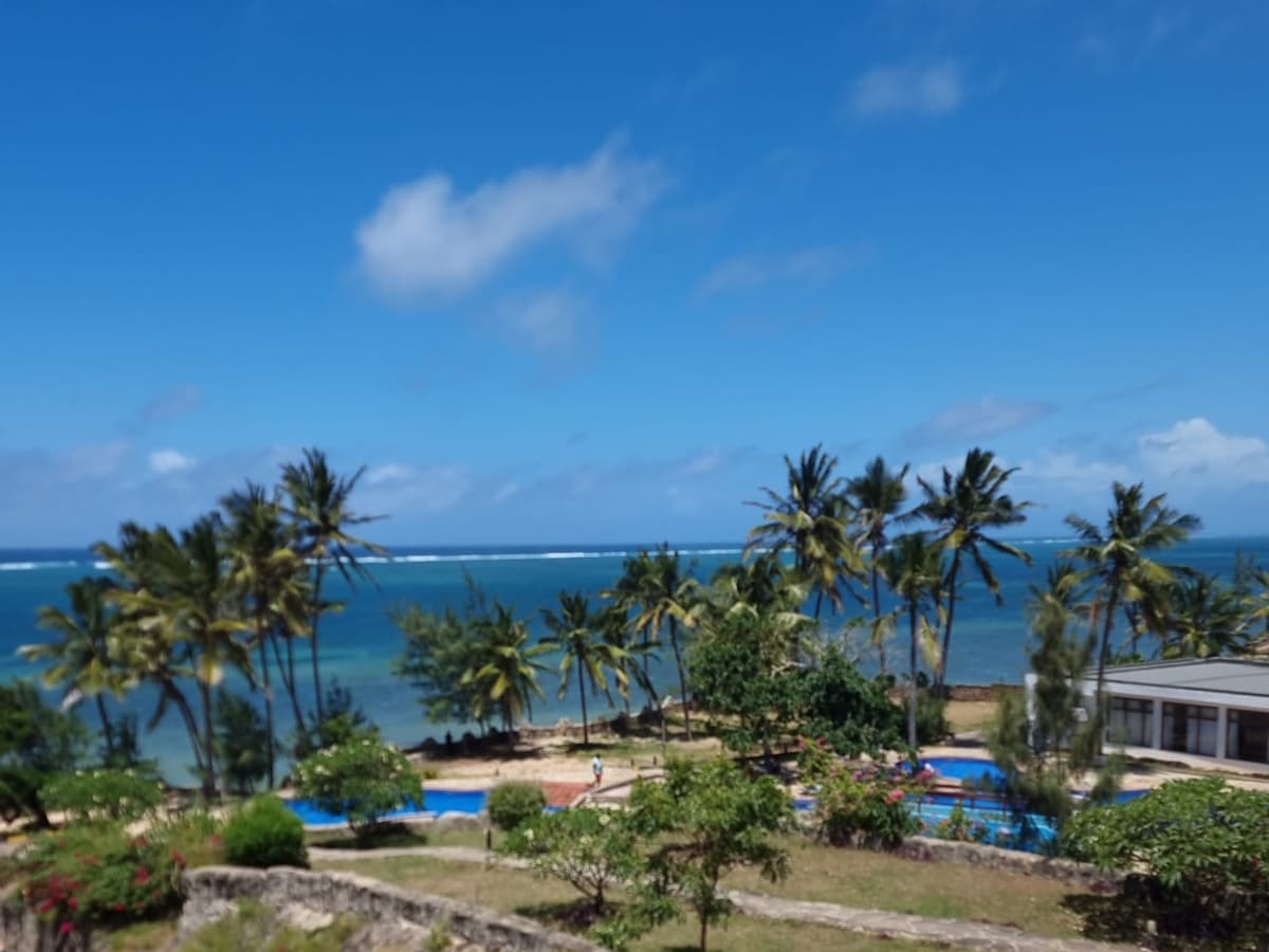 A panoramic view reveals swaying palm trees against a vibrant blue ocean. The coastline features a large swimming pool visible in the foreground, framed by lush greenery. Soft clouds drift in the sky, enhancing the serene atmosphere.