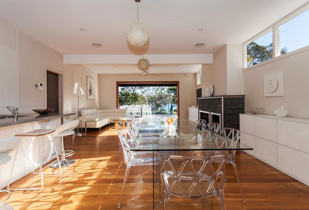 Lounge, Dining, open fire, skylights and full length sliding doors