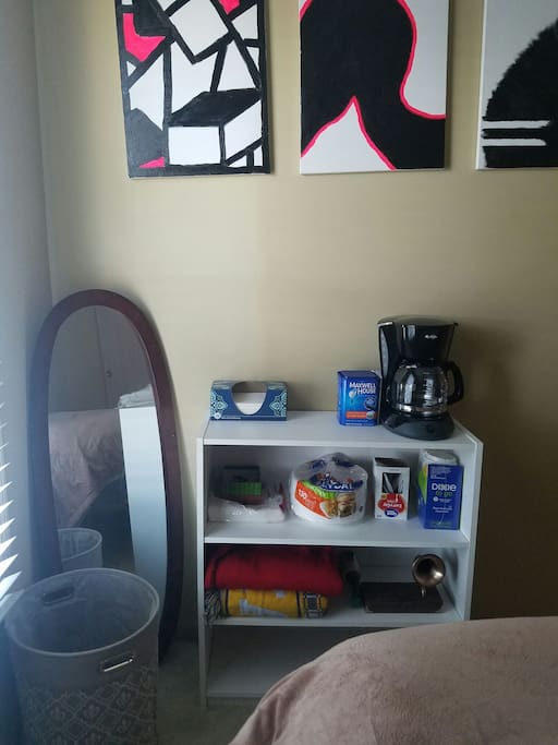 In room coffee maker, extra blankets, plates, etc.