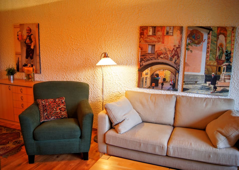 Corner of living room showing art over sofa