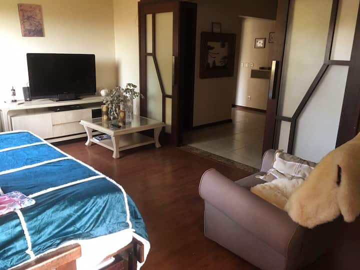 Fireplace room, with open sofa bed (secondary single bed under sofa) and passage doors to the dining room