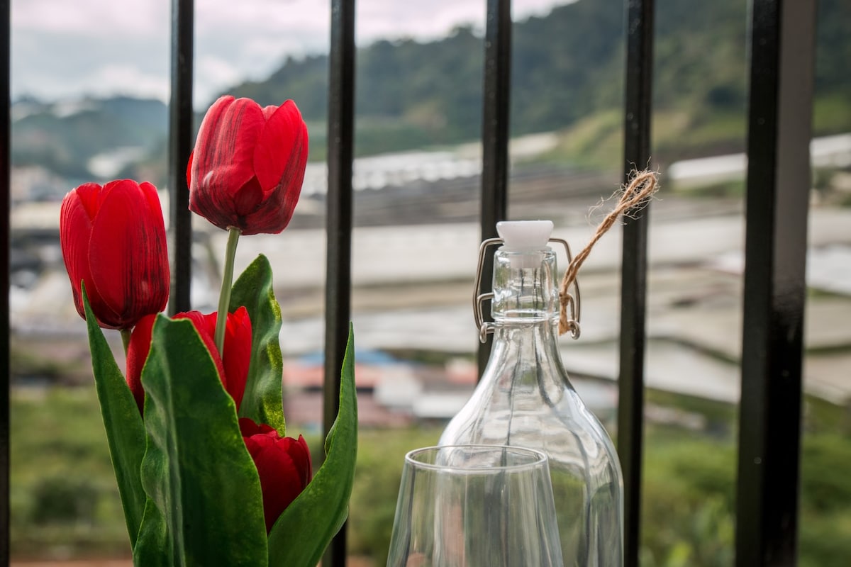 A glass bottle with a cork stopper and a clear glass are positioned beside vibrant red tulips in a small vase. The background features a distant view of rolling hills and tea plantations, framed by a black iron railing.