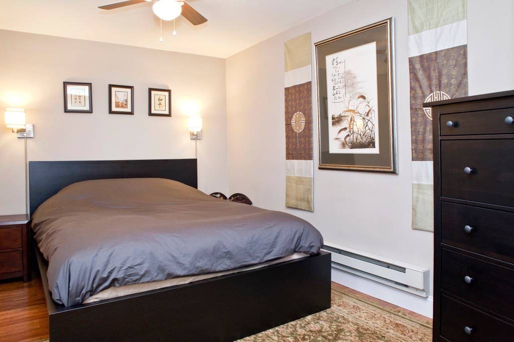 Bedroom includes queen size bed, dresser, night tables, and closet.