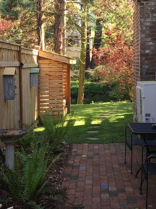 Private patio with outdoor seating.