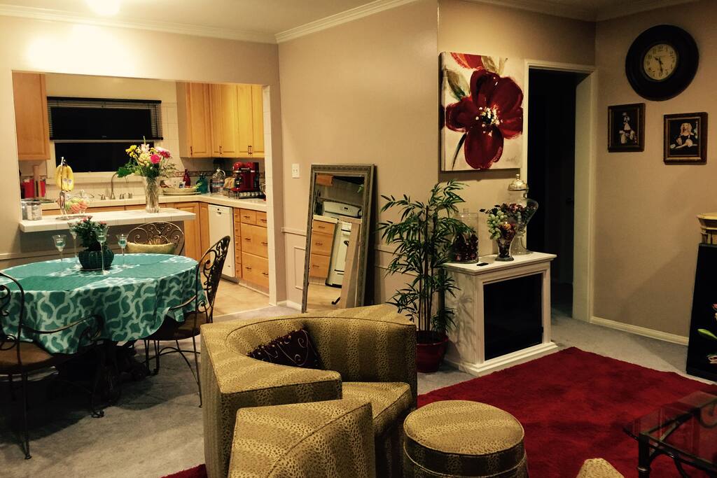 Living room/dining area and kitchen.