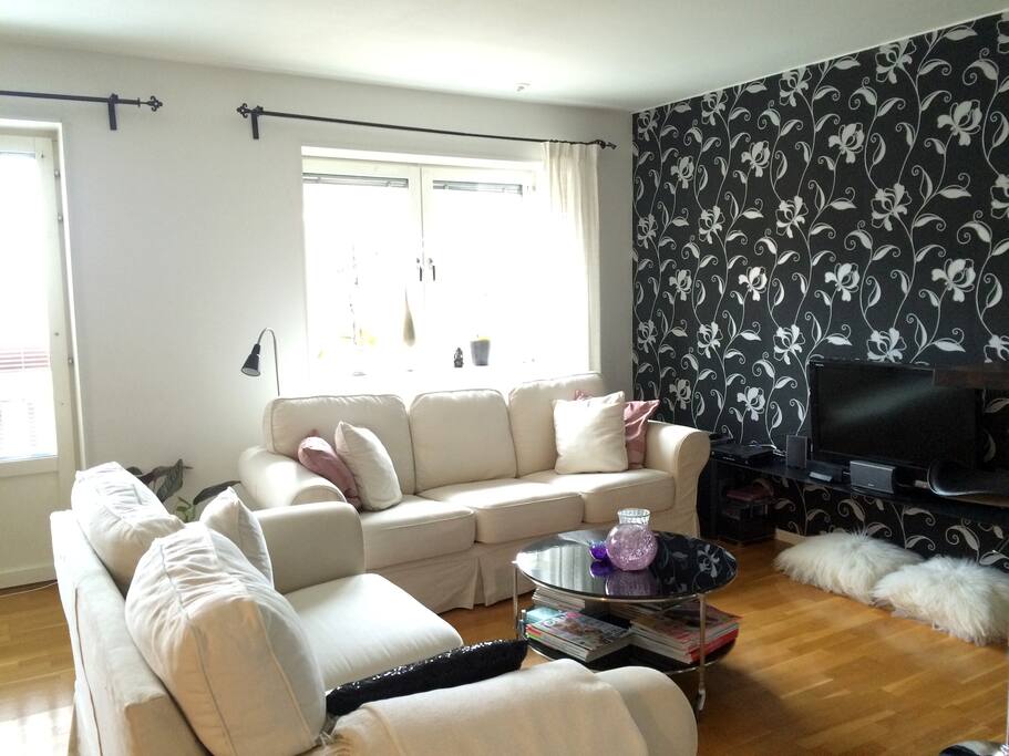 Living room with TV and 2 spacious soffas (3+2). Able to use for sleeping.
