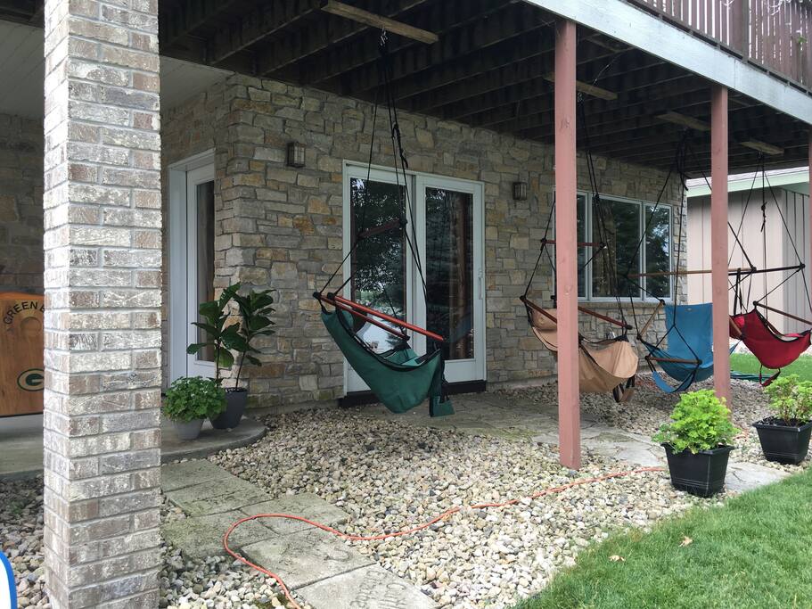 Lake-side entrances. Sky chairs provide great seating for reading or napping.