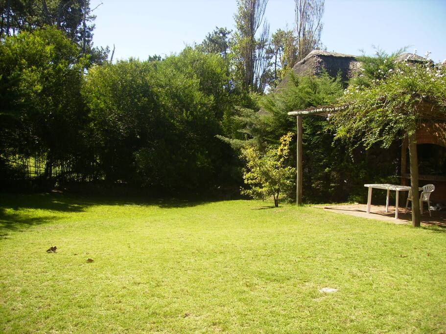 Vista del patio posterior con parrillero y pergola.