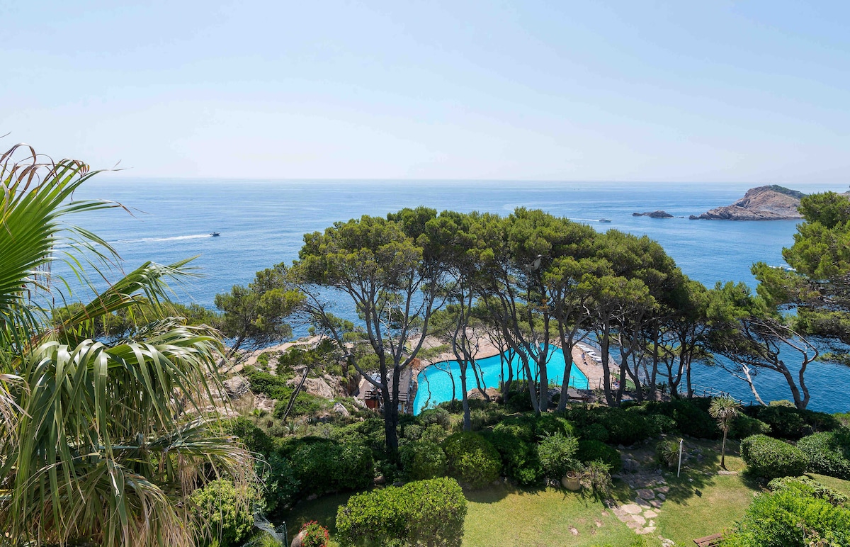 An expansive view of the ocean is captured, framed by lush greenery and tall trees. Below, a pool area is visible, surrounded by gardens and rocky outcrops, with the horizon stretching into clear blue waters.