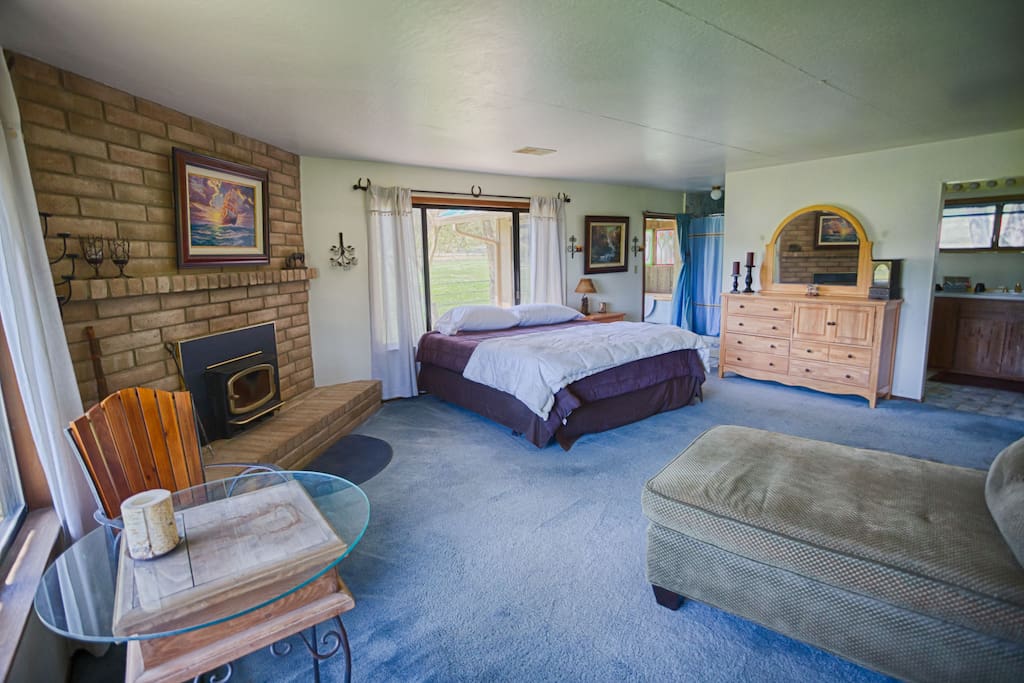 Huge master bedroom with a king bed, fireplace, and sitting area.