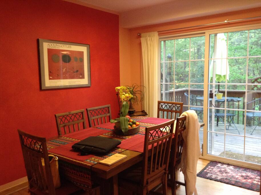 Dinning area with view of woods