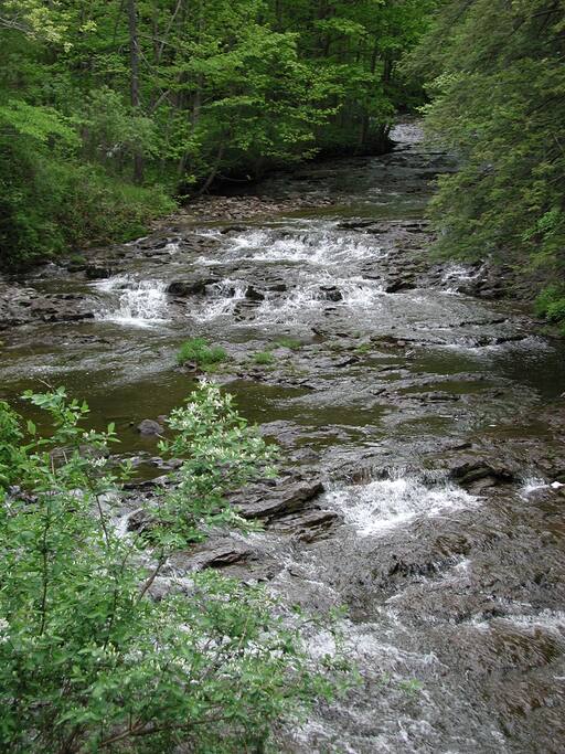 View of the waterfalls while sitting on the back deck overlooking the waterfalls