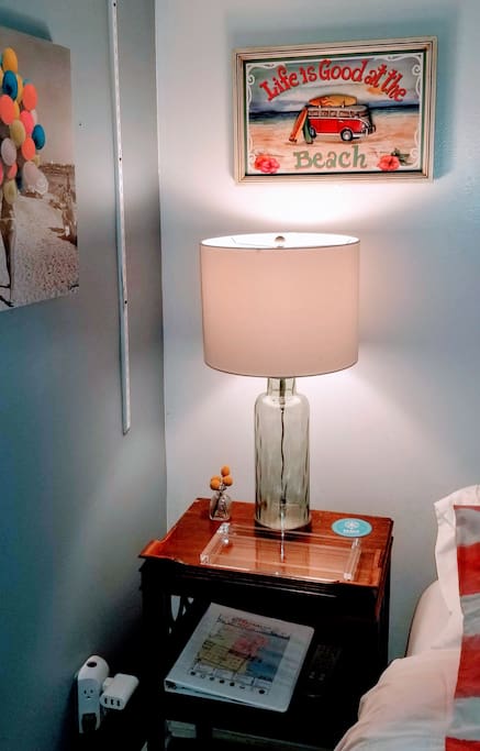 nightstand, tray for personal items, guest book