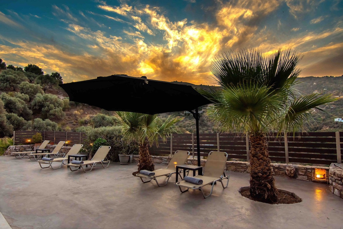 A patio area is presented with several lounge chairs arranged beneath a large umbrella. Tall palm trees provide shade, and a picturesque landscape of hills can be seen in the background under a colorful sky, enhancing the outdoor relaxation space.