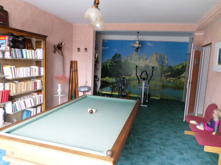 Billard français, bibliothèque et salle de fitness