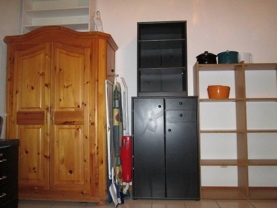 Bedroom closet, cabinet, and shelves