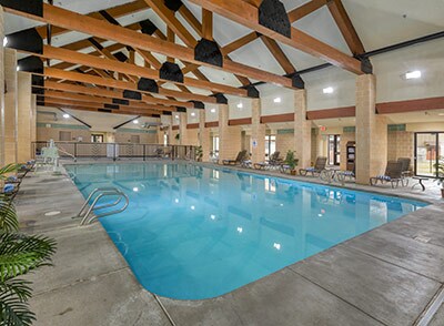 An indoor swimming pool is surrounded by a high wooden beamed ceiling and illuminated by soft lighting. Lounge chairs are positioned along the poolside, and a few potted plants are placed nearby, offering a serene environment for relaxation.