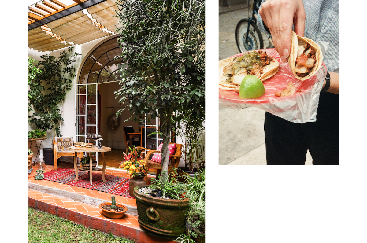 A 1920s home in the La Condesa neighborhood. Patio doors lead out to a colorfully stunning backyard escape in the heart of the city. A person grips a handmade street taco brimming with farm meats and vegetables.