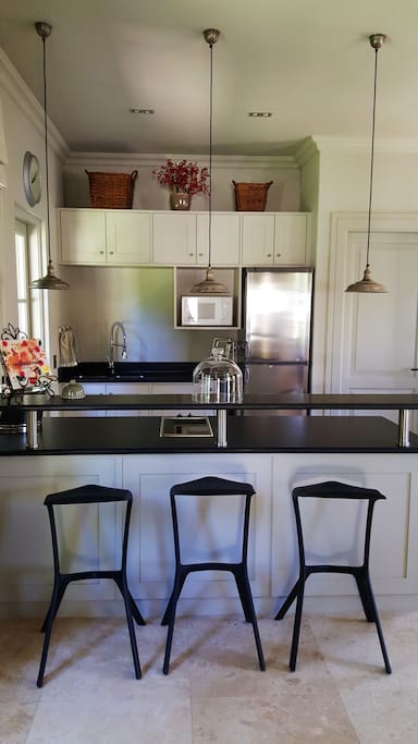Kitchen with hot plates (stove), fridge and microwave. Granite tops