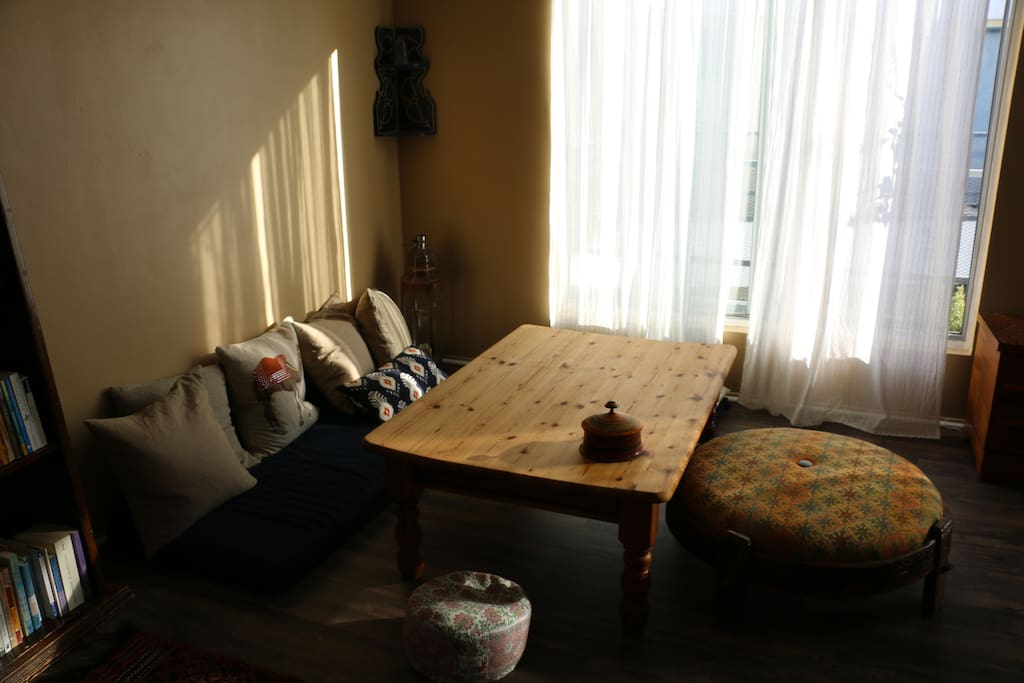 Cozy seating with low table style dining.