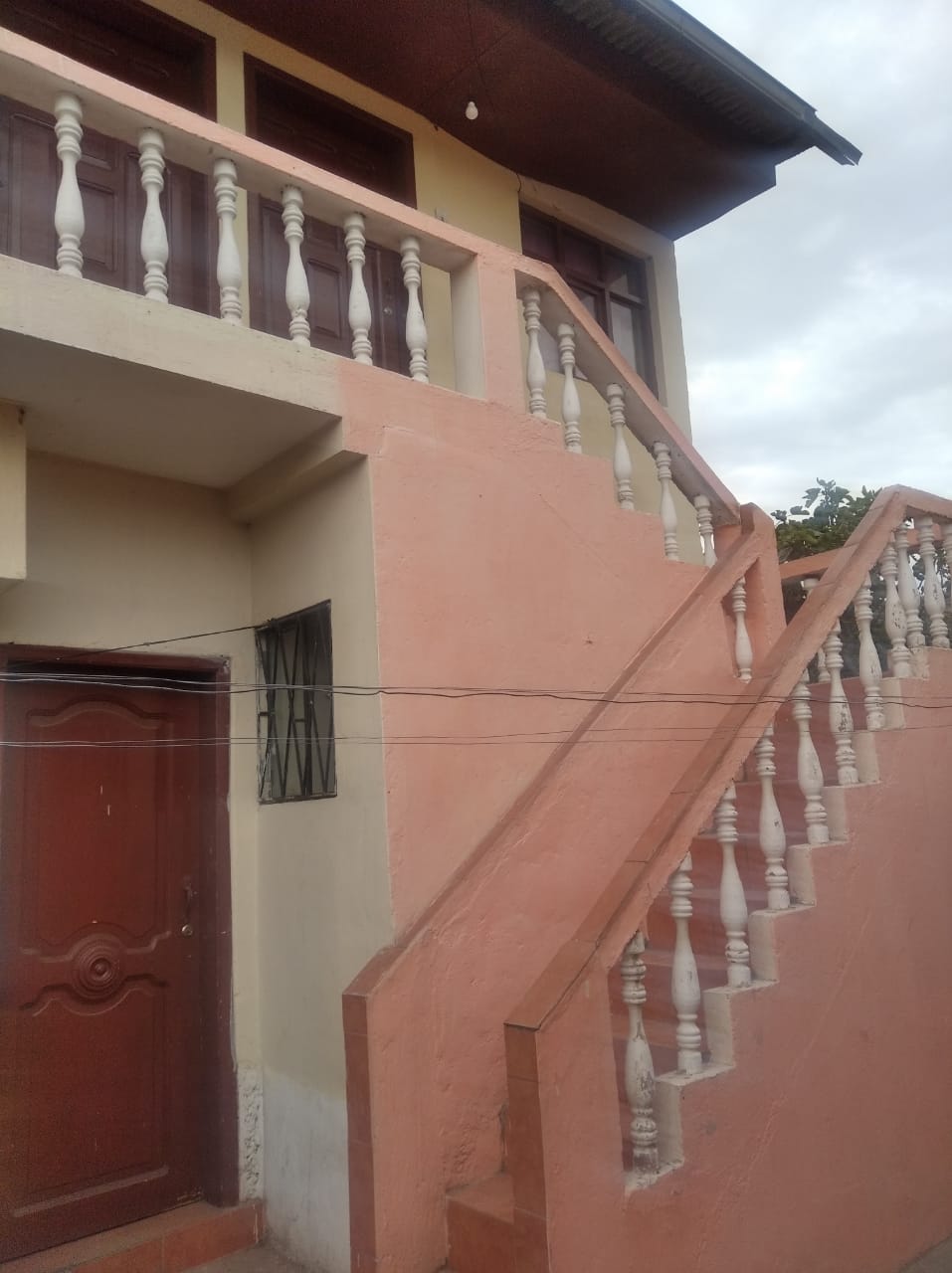 An exterior view of a two-story building is presented, featuring a pink staircase adorned with white balustrades. A brown door is visible at the base, complemented by a window with a metal grille above. The cloudy sky provides a subtle backdrop.
