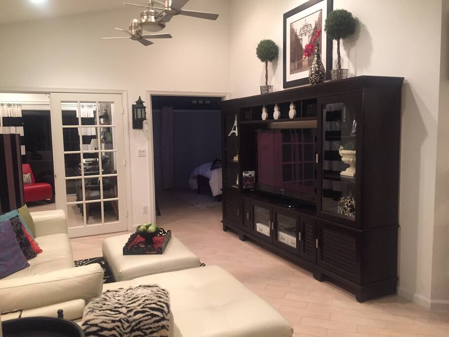 Flat screen HD cable television. This is the same room as the previous picture, there's just a different couch in this picture that has since been changed :)