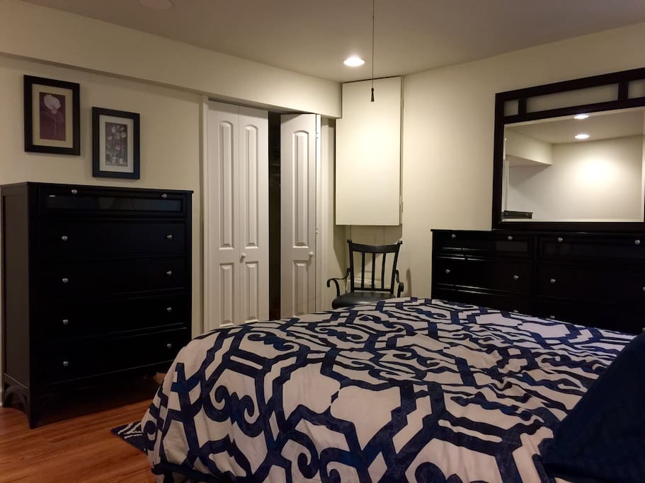 Double closet, full dresser and hutch for your personal needs.